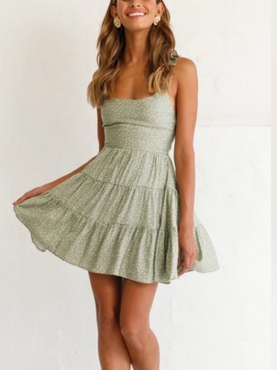 Selfie Leslie Dresses & Skirts - Selfie Leslie Allegra Coquette Fluted Hem Lace-Up Back Dress Polka Dot Green